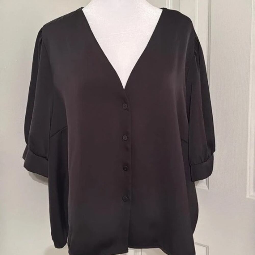 Black V-Neck Puff Sleeve Button Down Blouse